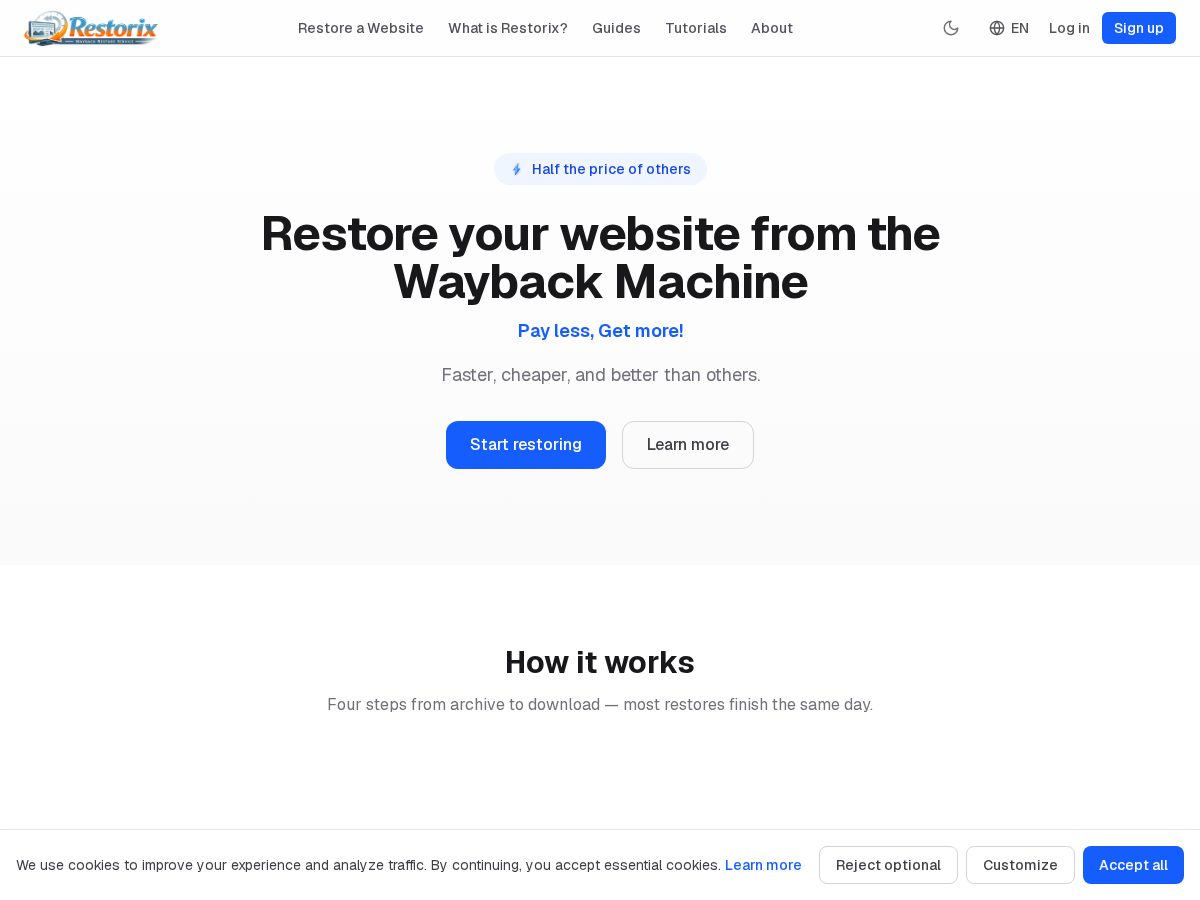 Landing-page snapshot of restorixapp.com