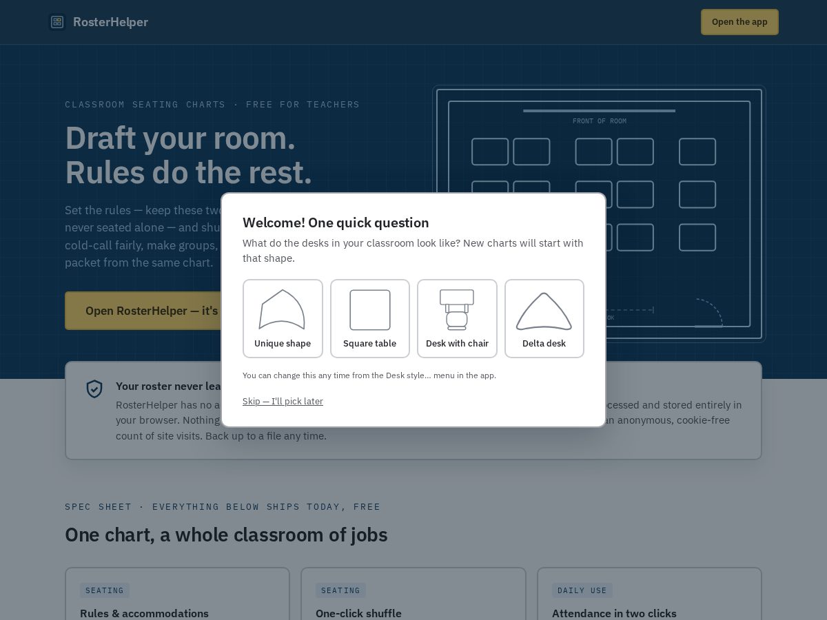 Landing-page snapshot of rosterhelper.com