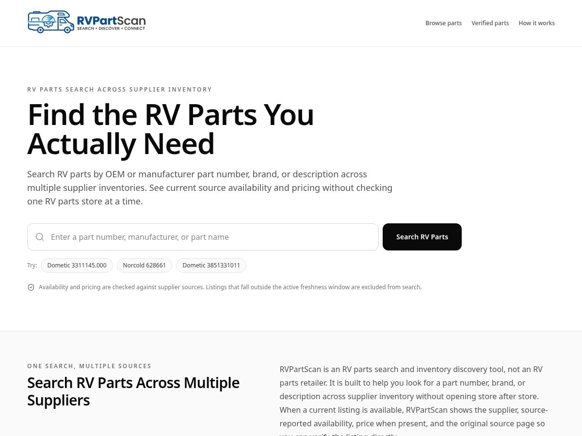 Landing-page snapshot of rvpartscan.com