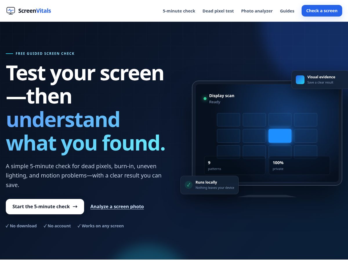 Landing-page snapshot of screenvitals.com