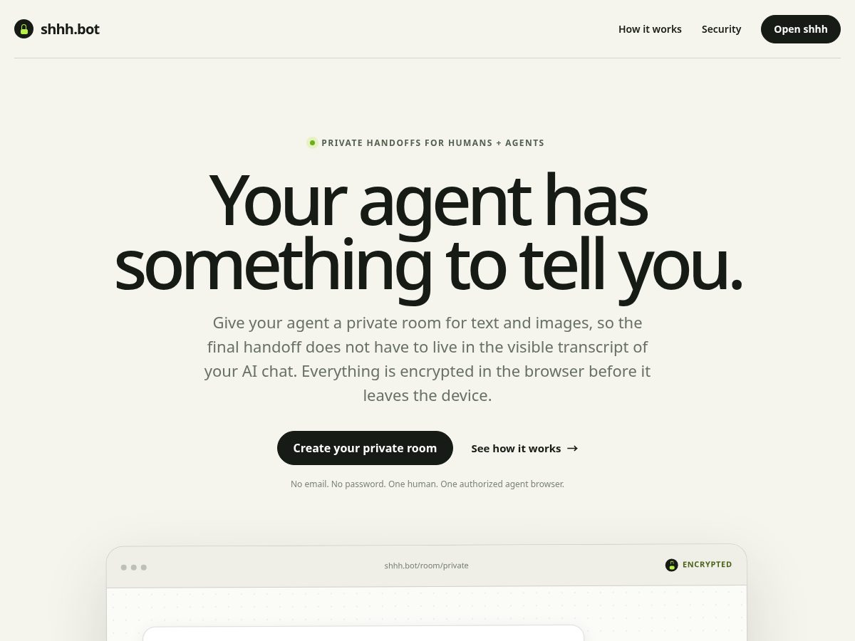 Landing-page snapshot of shhh.bot
