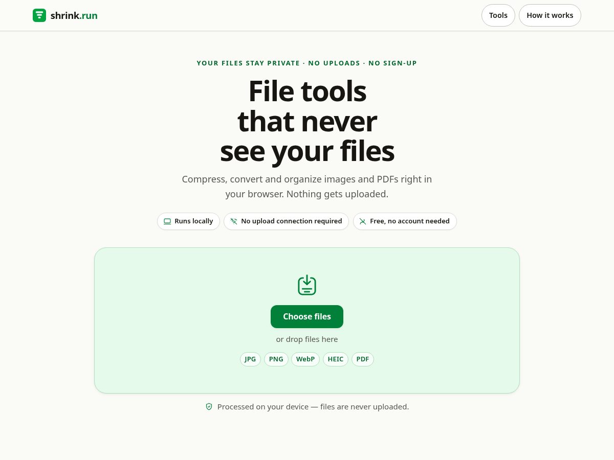 Landing-page snapshot of shrink.run