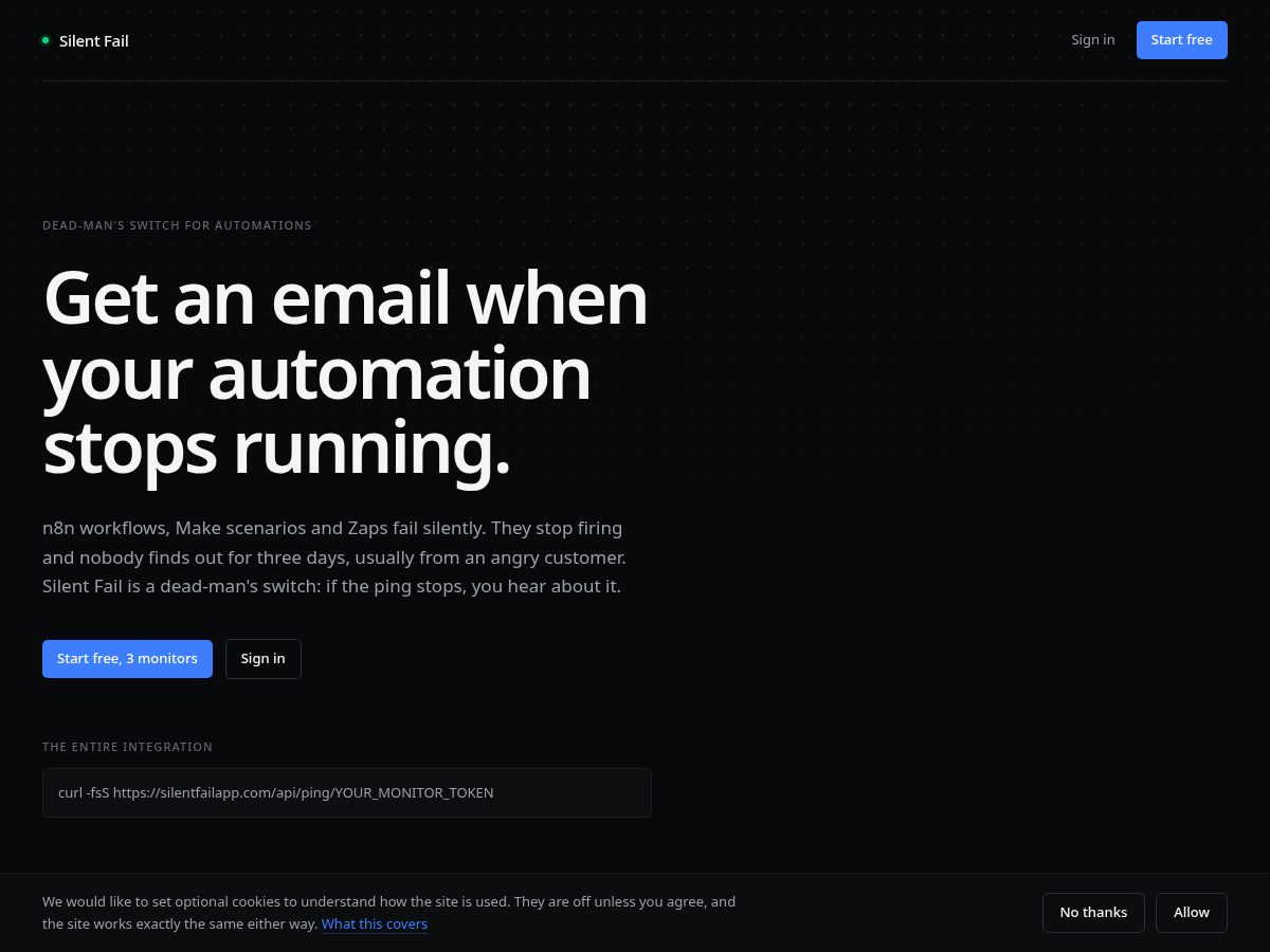Landing-page snapshot of silentfailapp.com