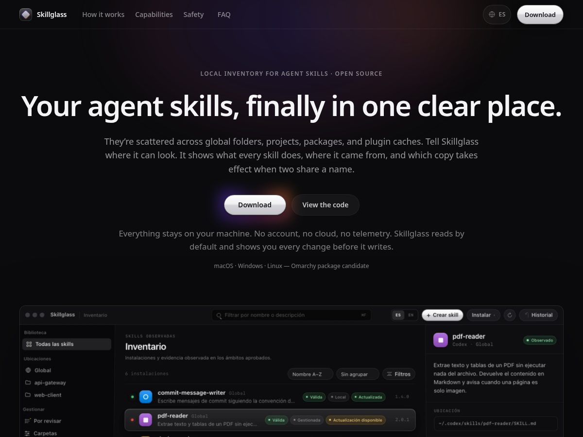 Landing-page snapshot of skillglass.dev