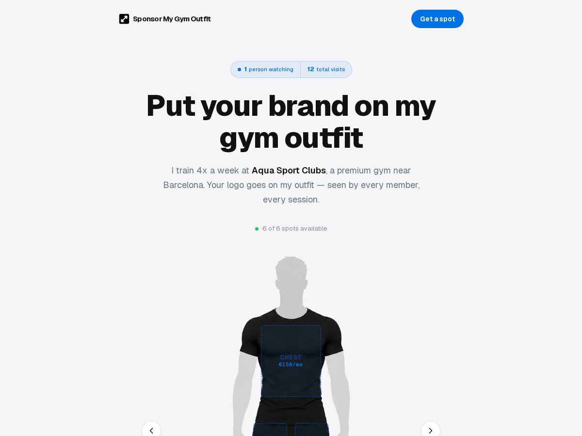 Landing-page snapshot of sponsormygymoutfit.com
