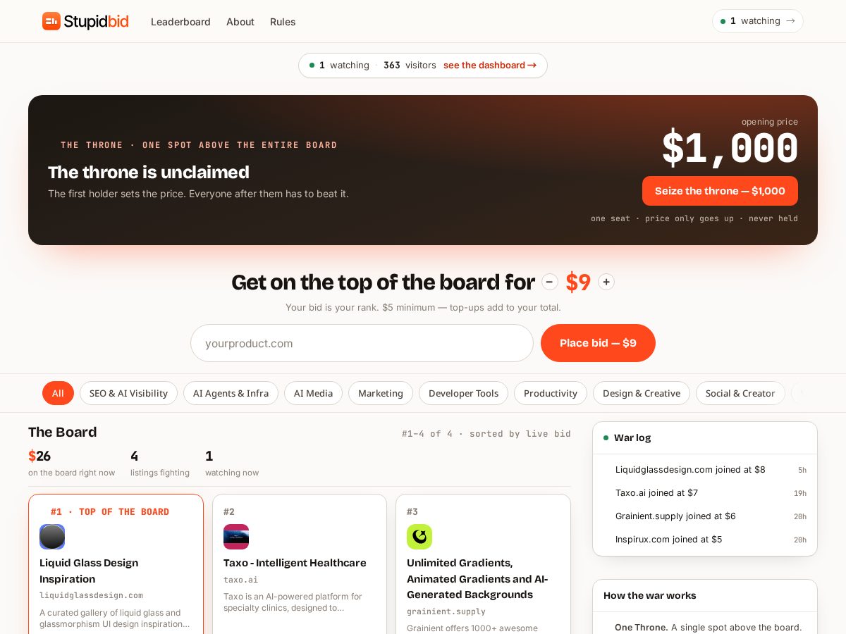 Landing-page snapshot of stupidbid.com