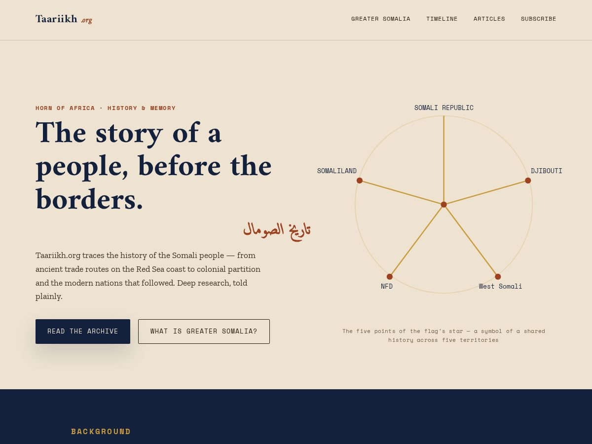 Landing-page snapshot of taariikh.org