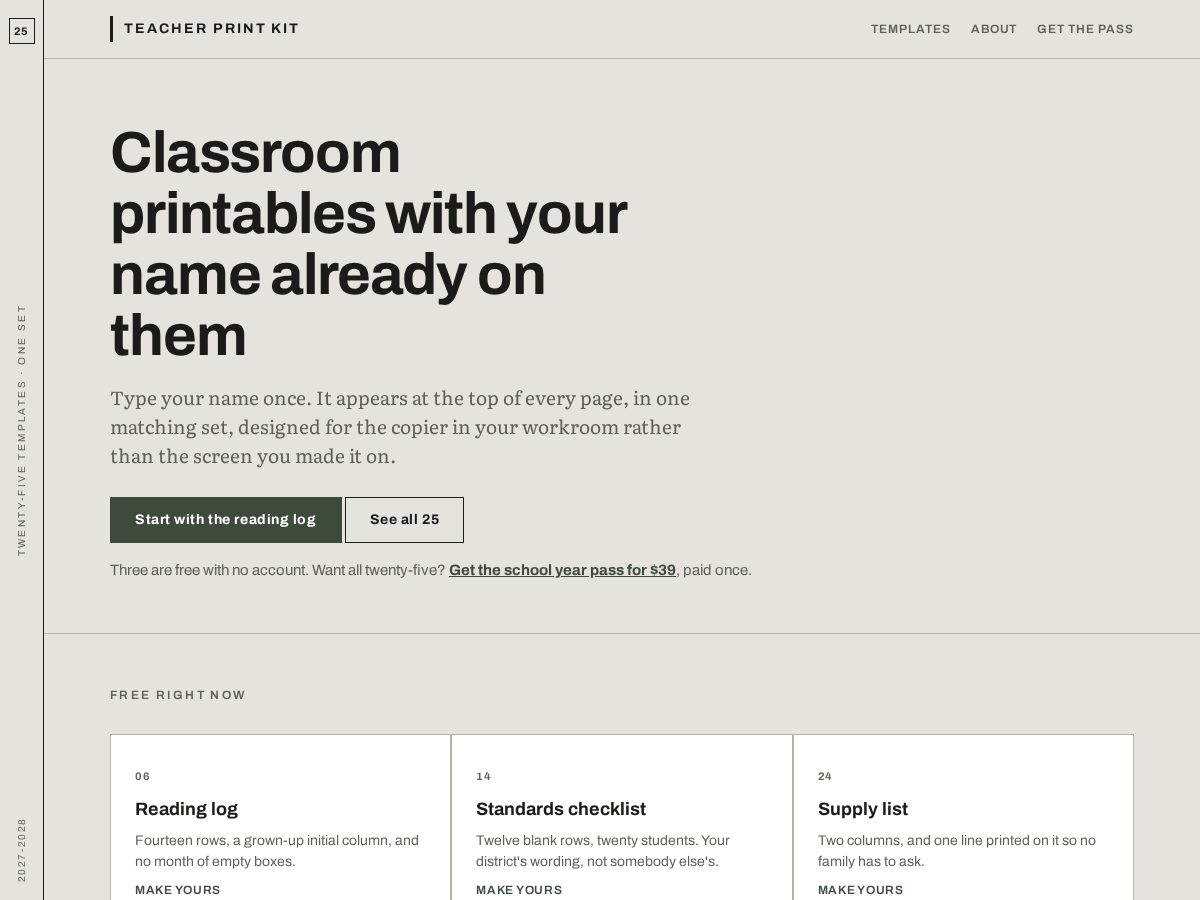 Landing-page snapshot of teacherprintkit.com