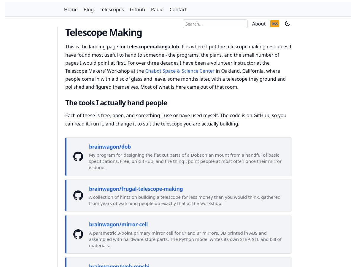 Landing-page snapshot of telescopemaking.club