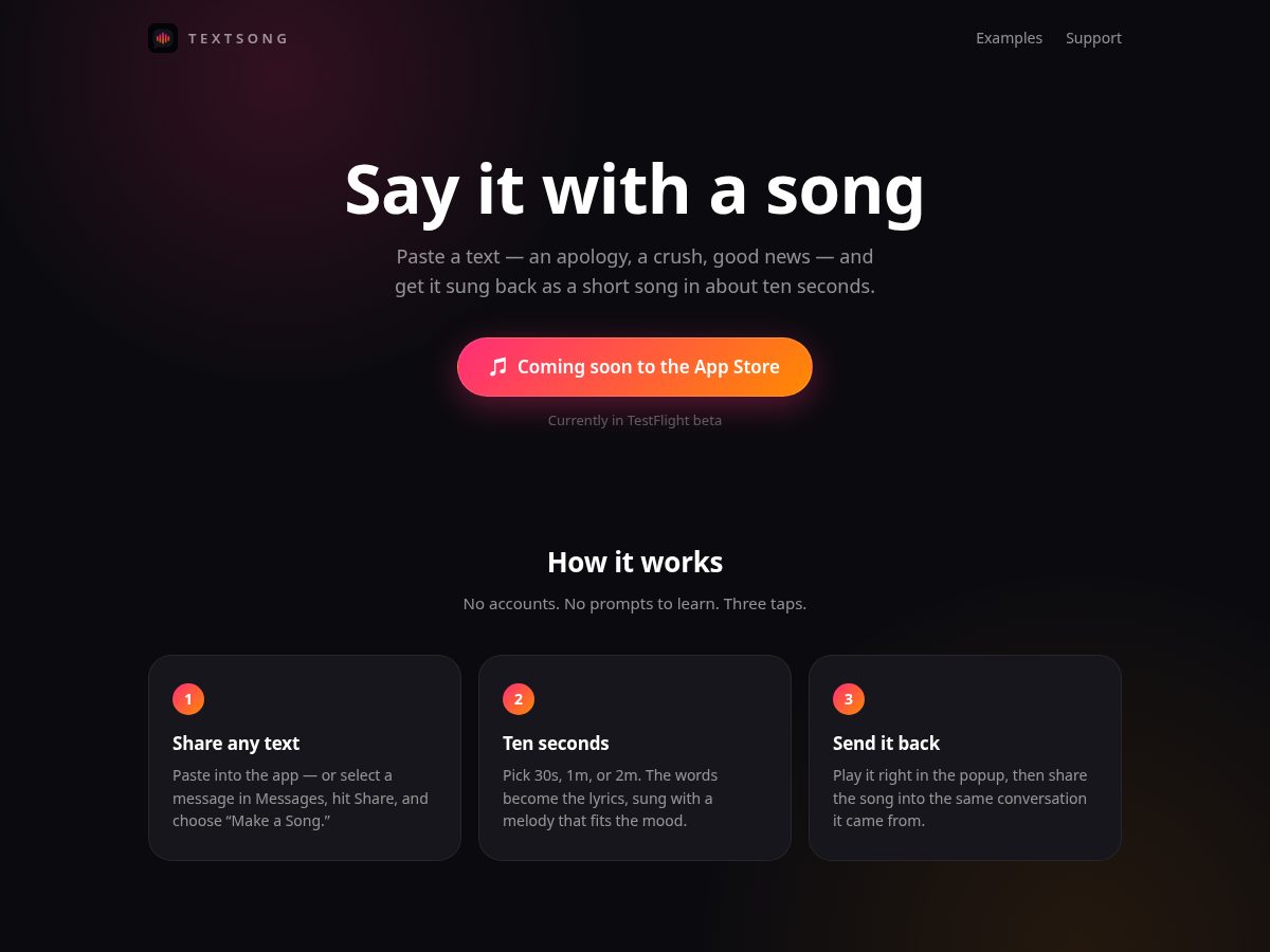 Landing-page snapshot of textsongapp.com