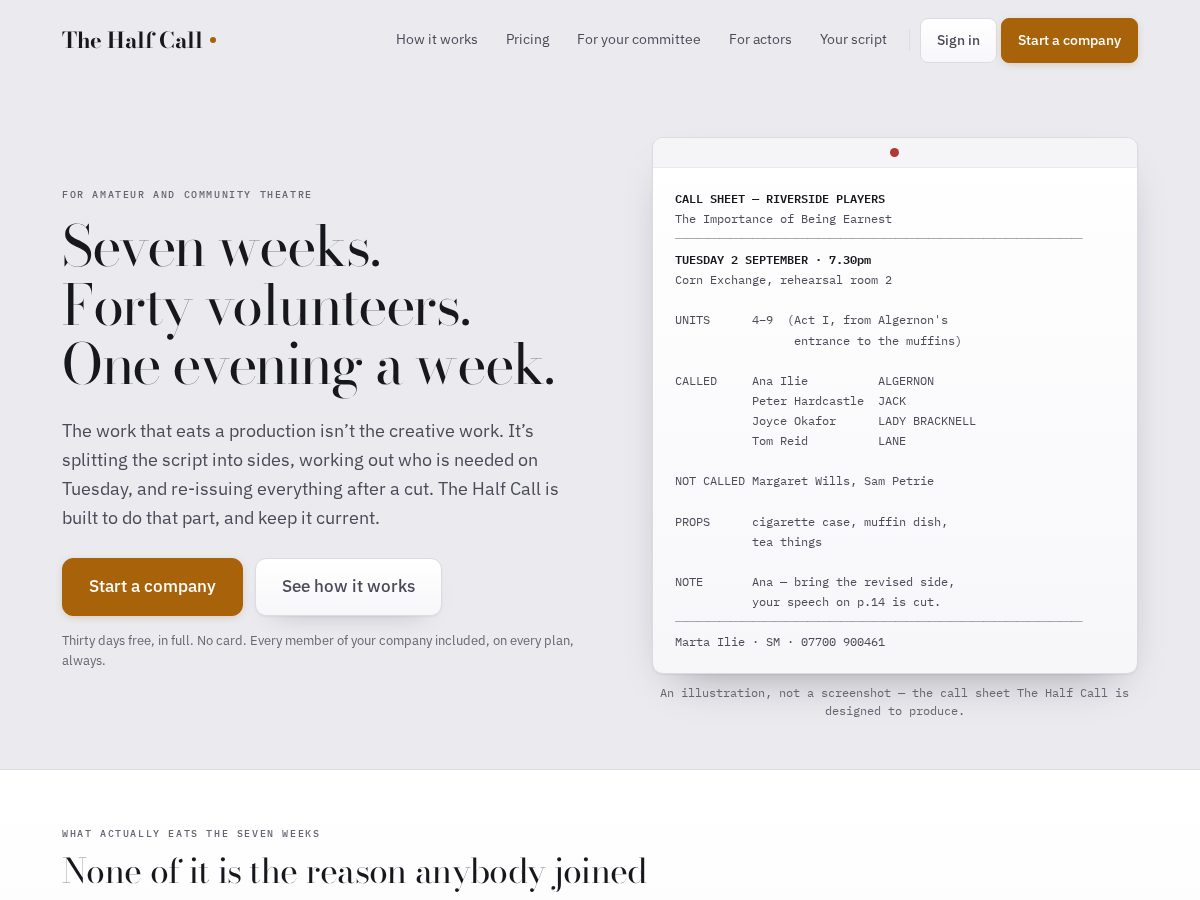 Landing-page snapshot of thehalfcall.com