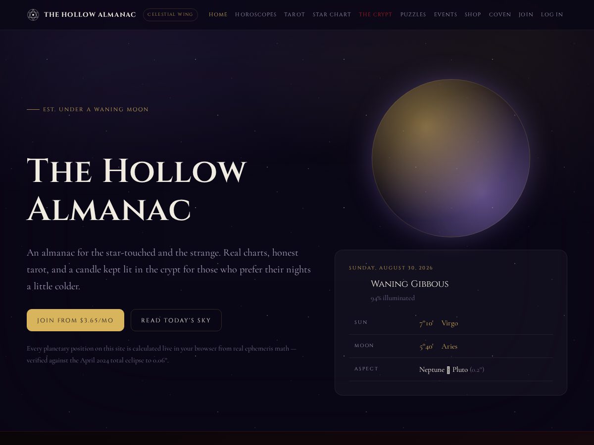Landing-page snapshot of thehollowalmanac.com