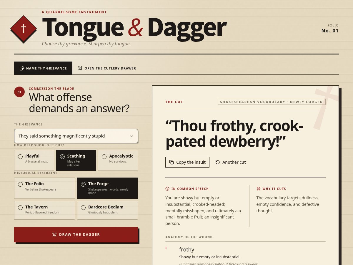 Landing-page snapshot of tongueanddagger.com