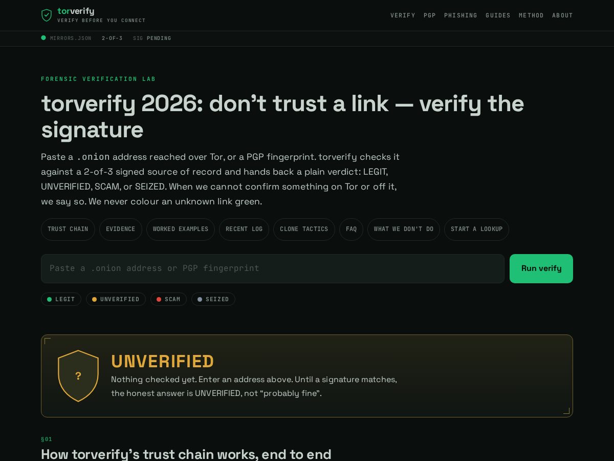 Landing-page snapshot of torverify.online