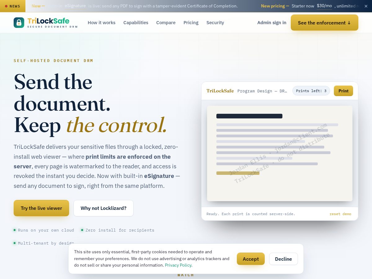 Landing-page snapshot of trilocksafe.com