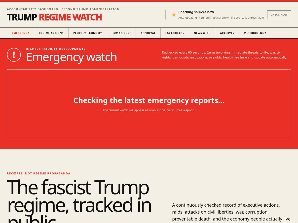 Landing-page snapshot of trumpregimewatch.net