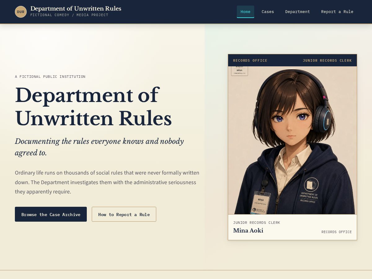 Landing-page snapshot of unwrittenrulesdept.com