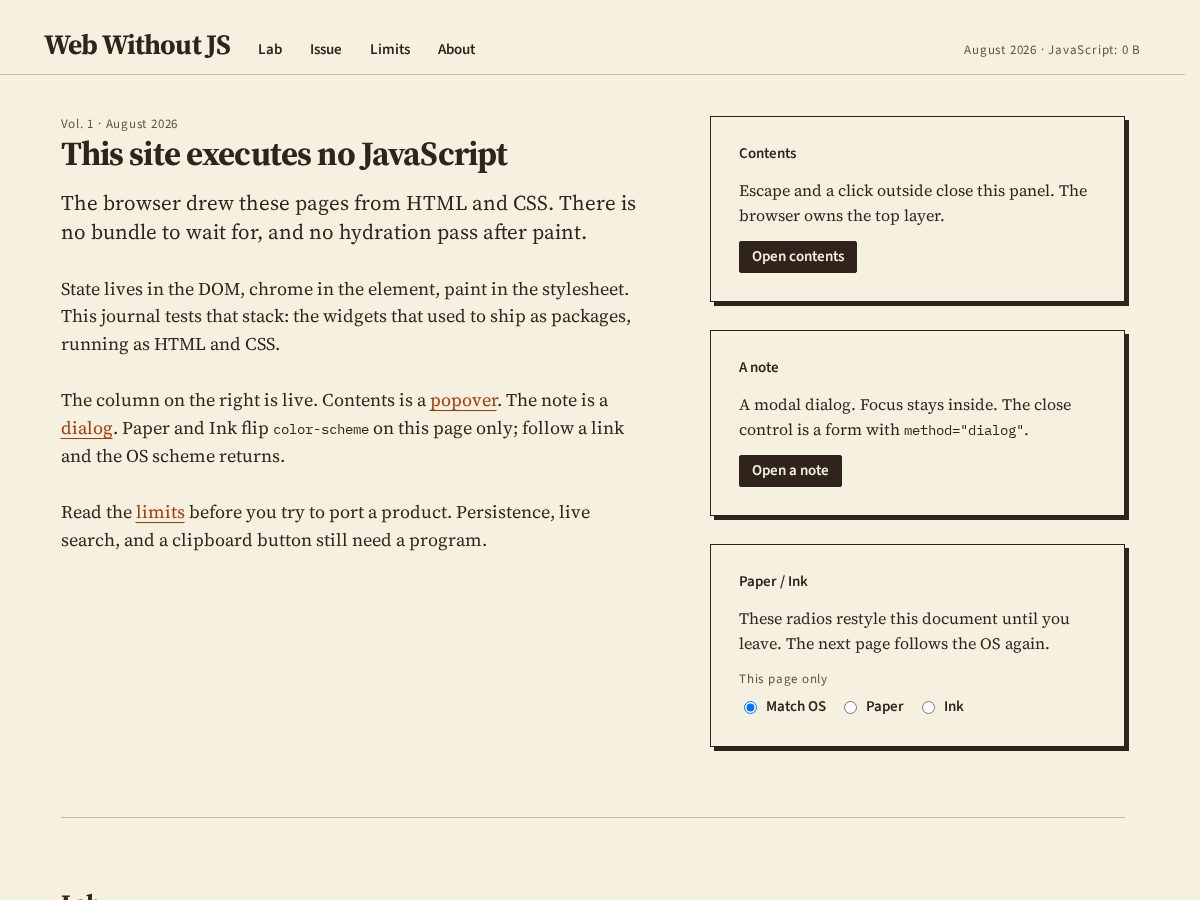 Landing-page snapshot of webwithoutjs.com