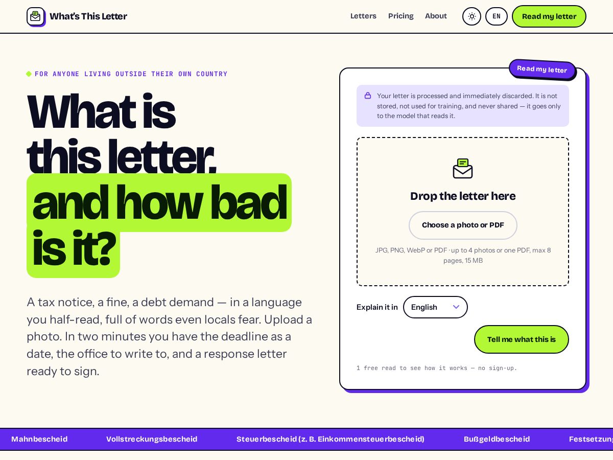 Landing-page snapshot of whatsthisletter.com