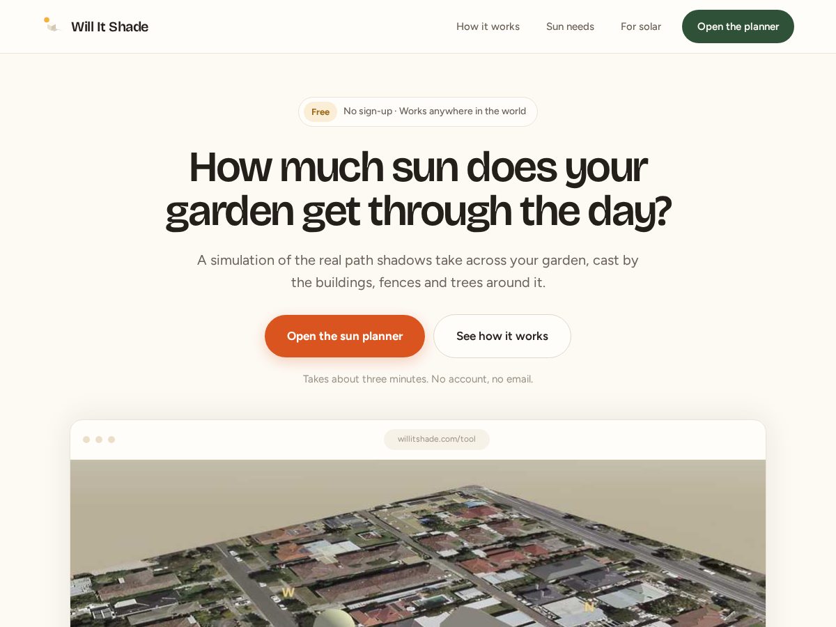 Landing-page snapshot of willitshade.com