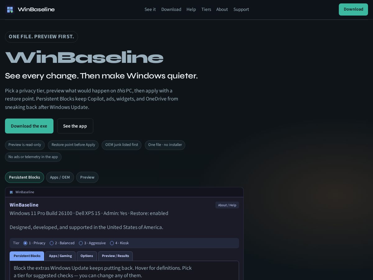Landing-page snapshot of winbaseline.com