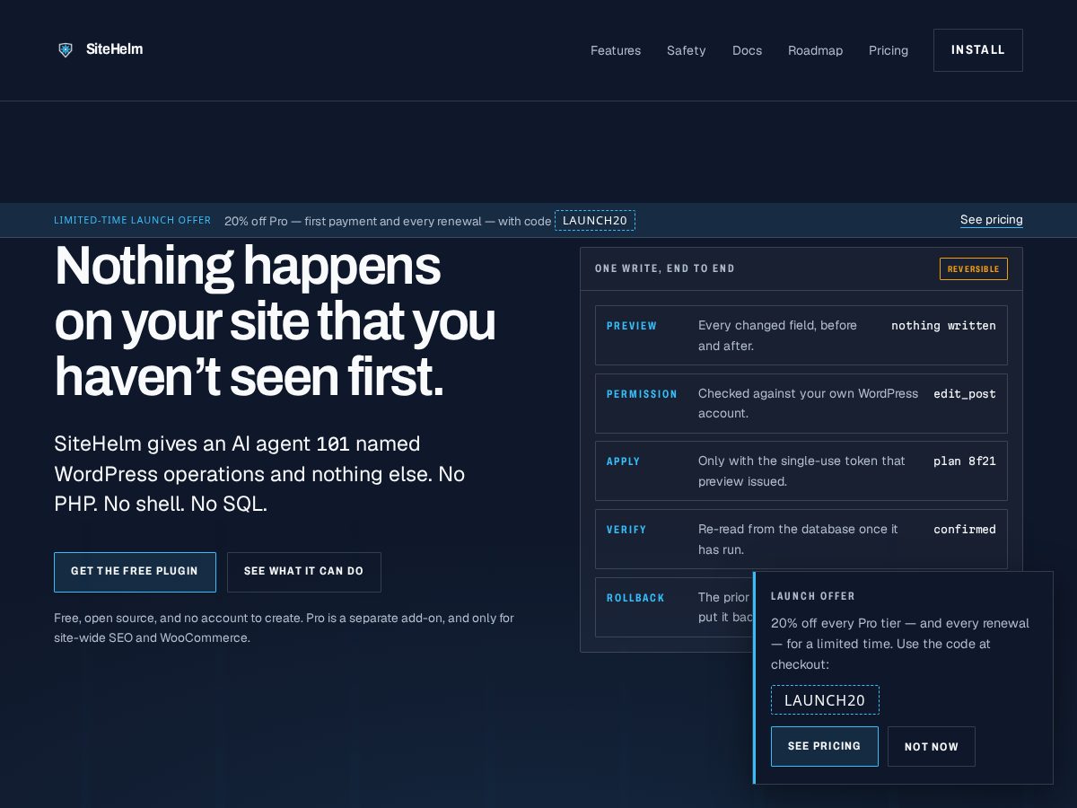 Landing-page snapshot of wpsitehelm.com