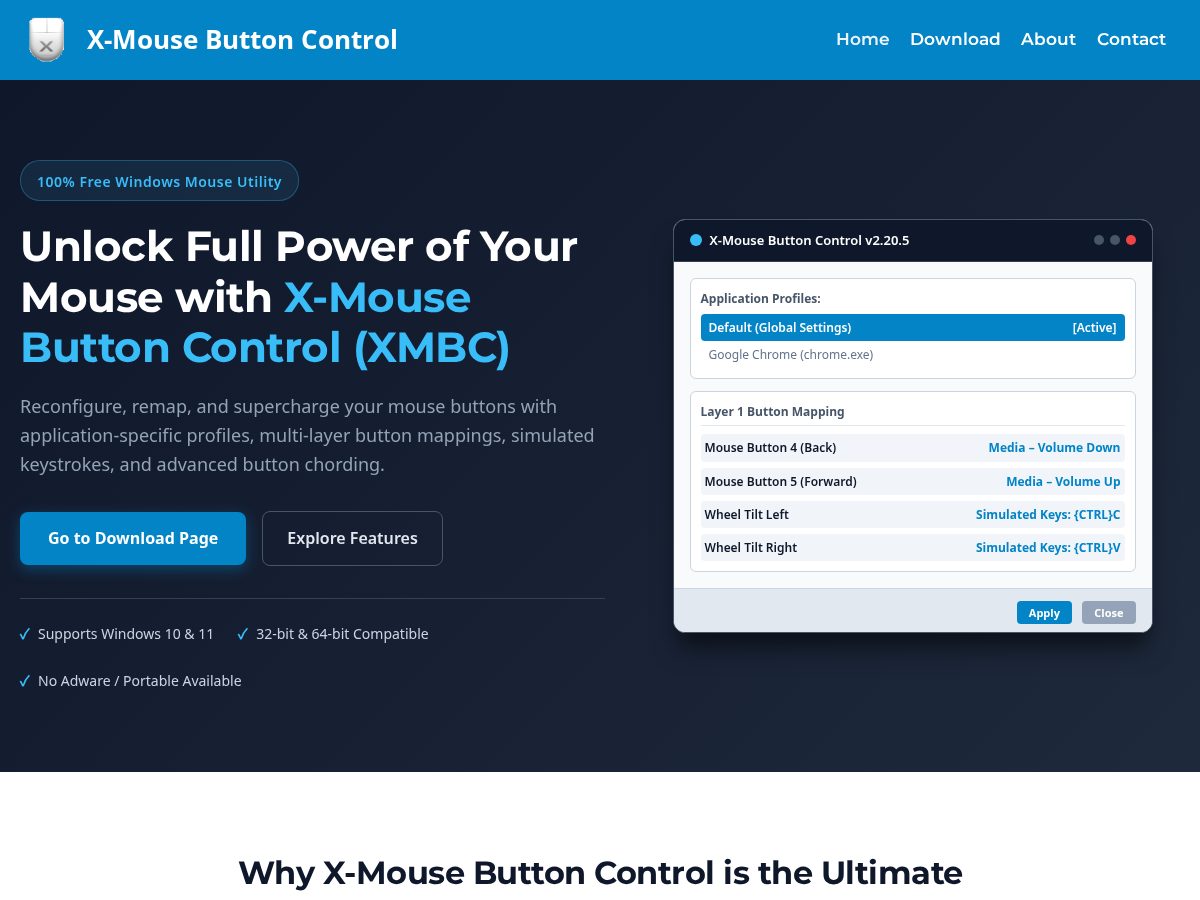 Landing-page snapshot of xmousebuttoncontrol.net