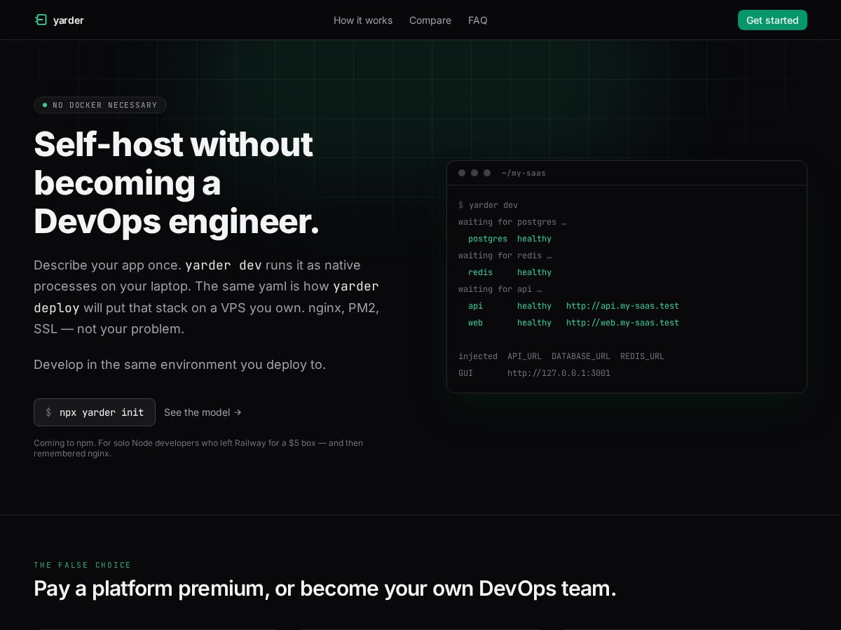 Landing-page snapshot of yarder.dev