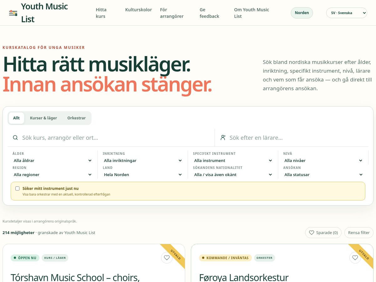 Landing-page snapshot of youthmusiclist.com