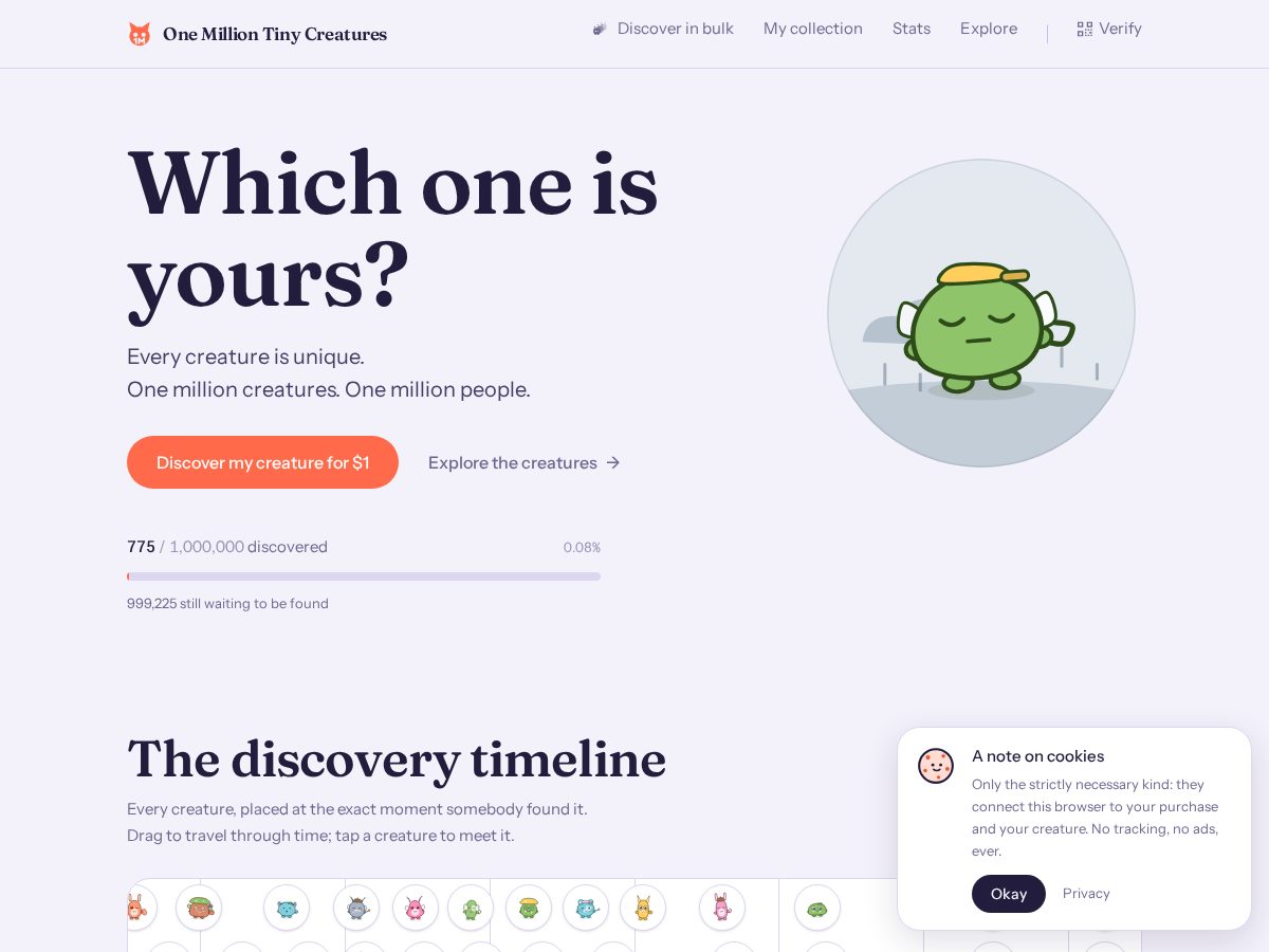 Landing-page snapshot of 1mtinycreatures.com