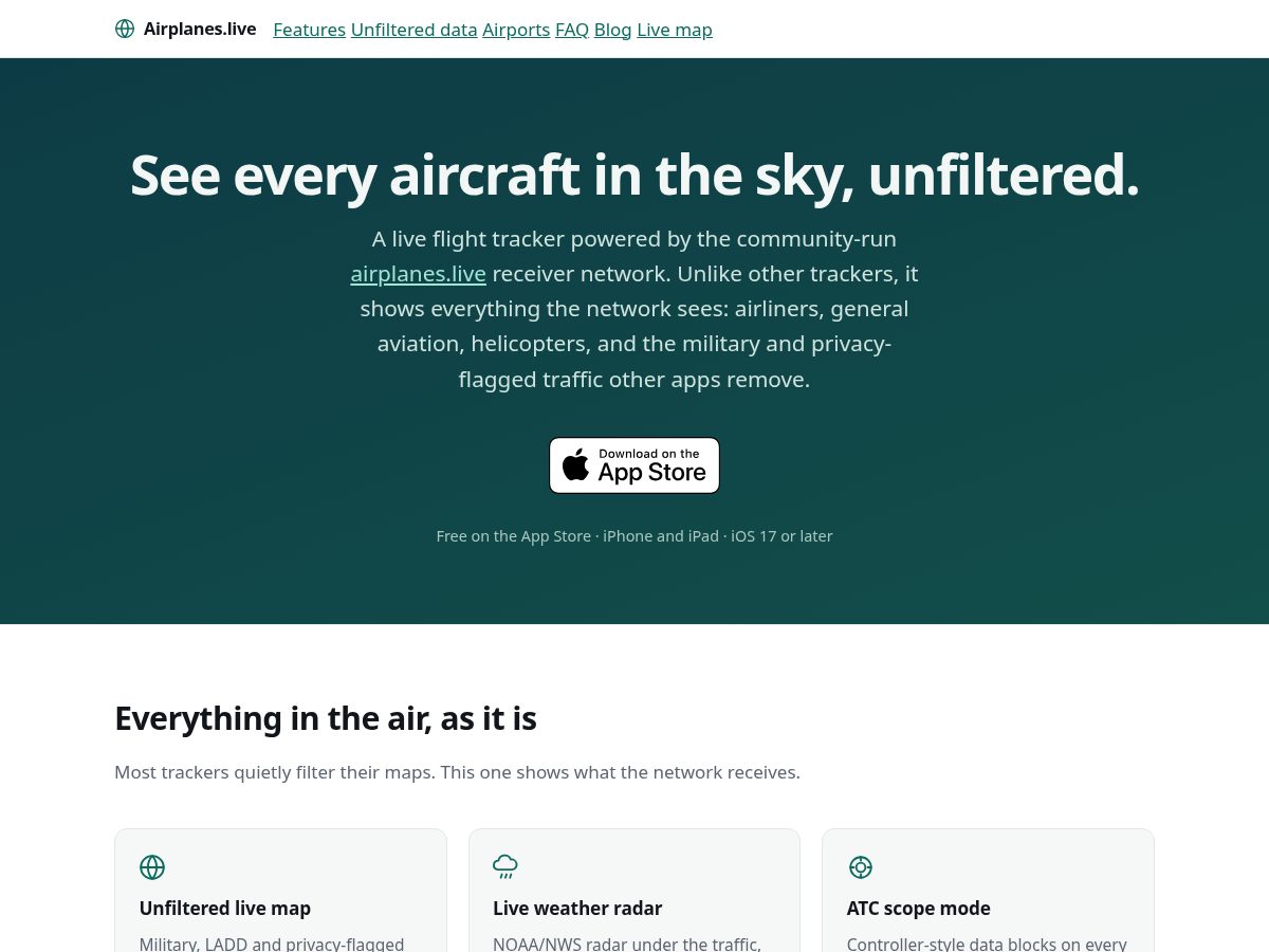 Landing-page snapshot of airplaneslive.app