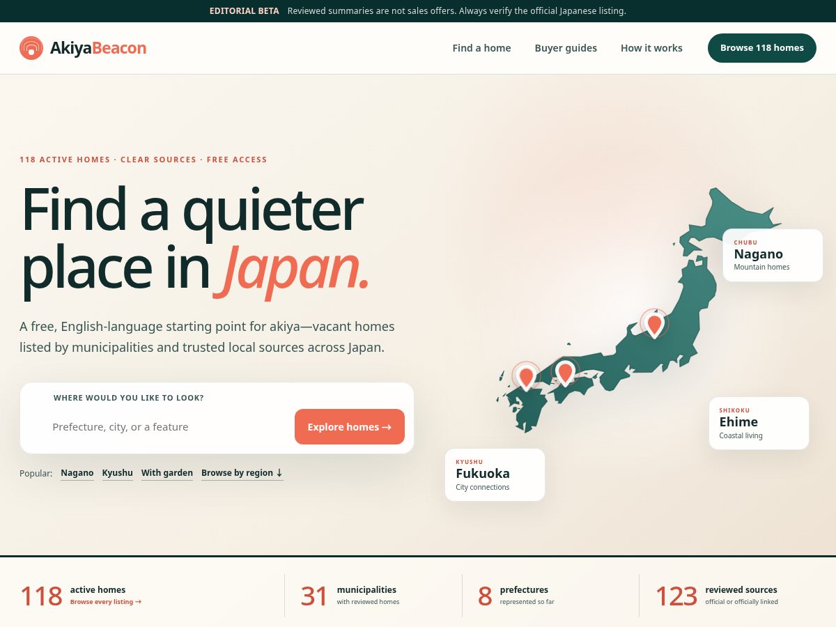 Landing-page snapshot of akiyabeacon.com