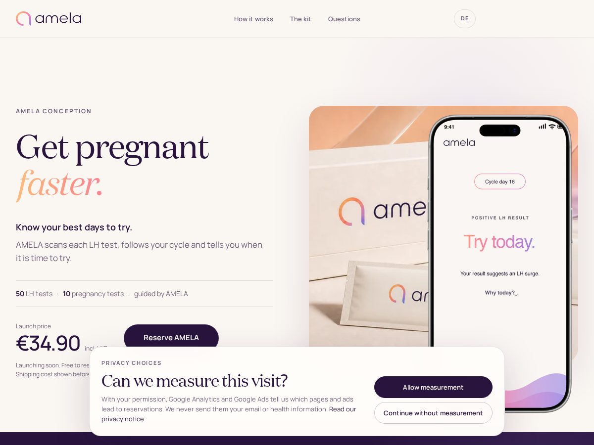 Landing-page snapshot of amela.care