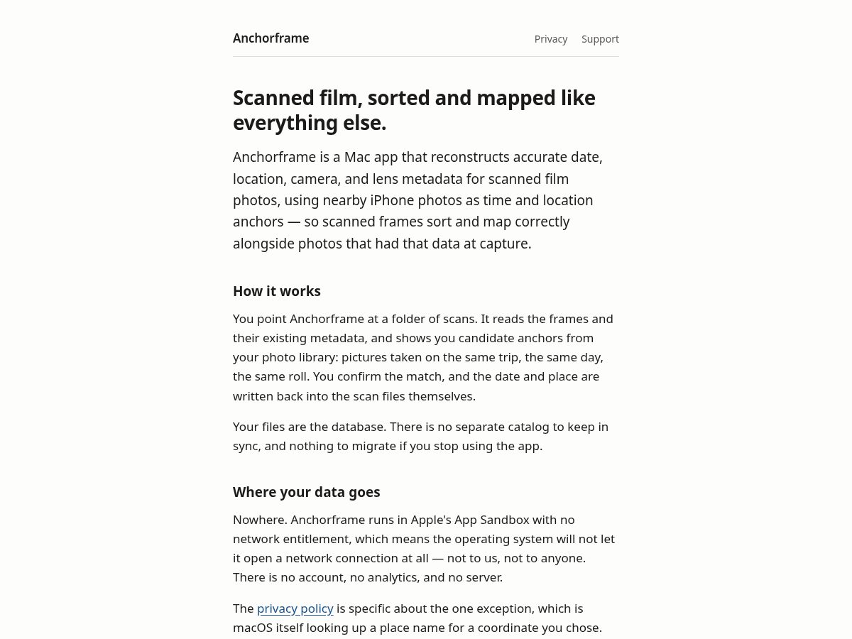Landing-page snapshot of anchorframe.app