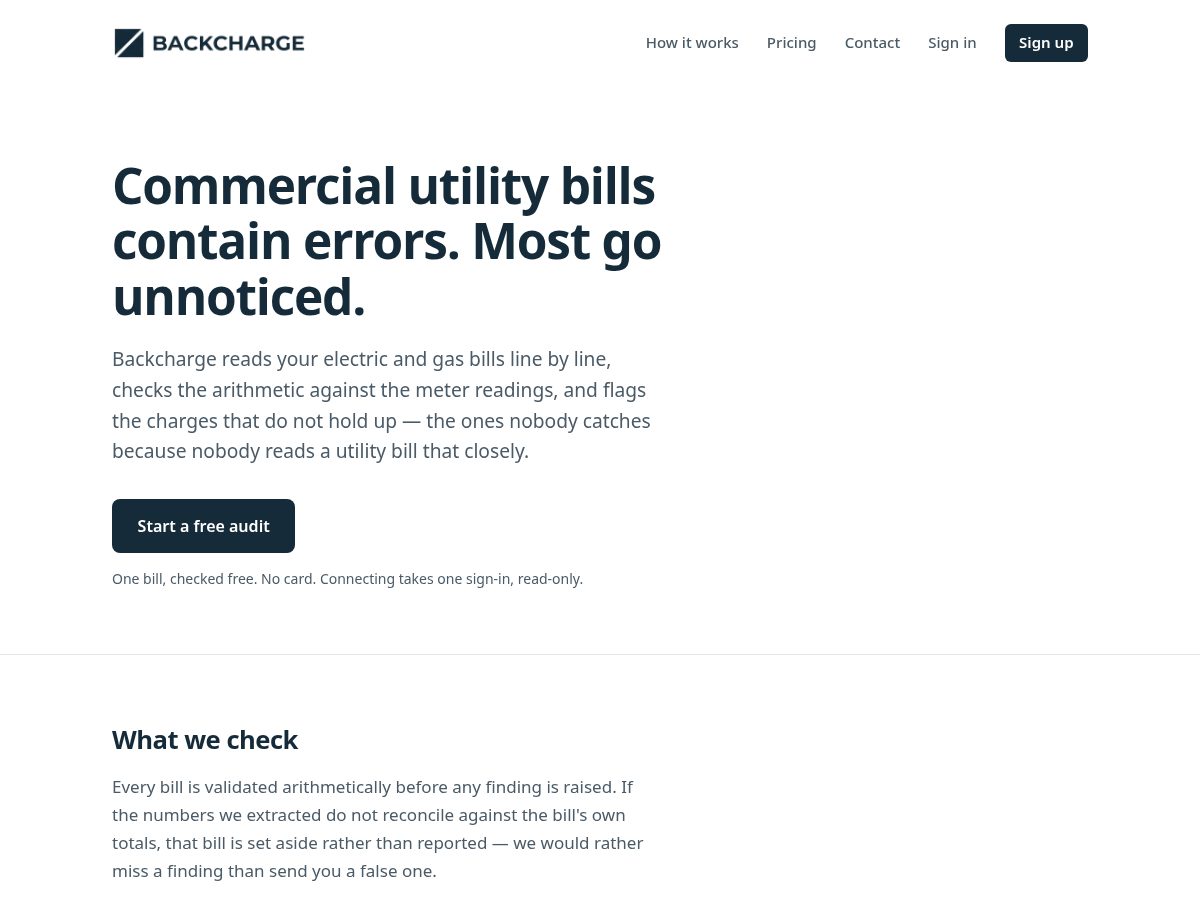 Landing-page snapshot of backchargehq.com