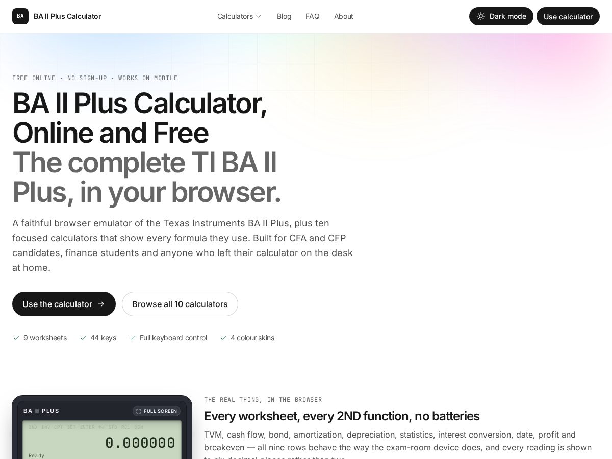 Landing-page snapshot of baiipluscalculator.com