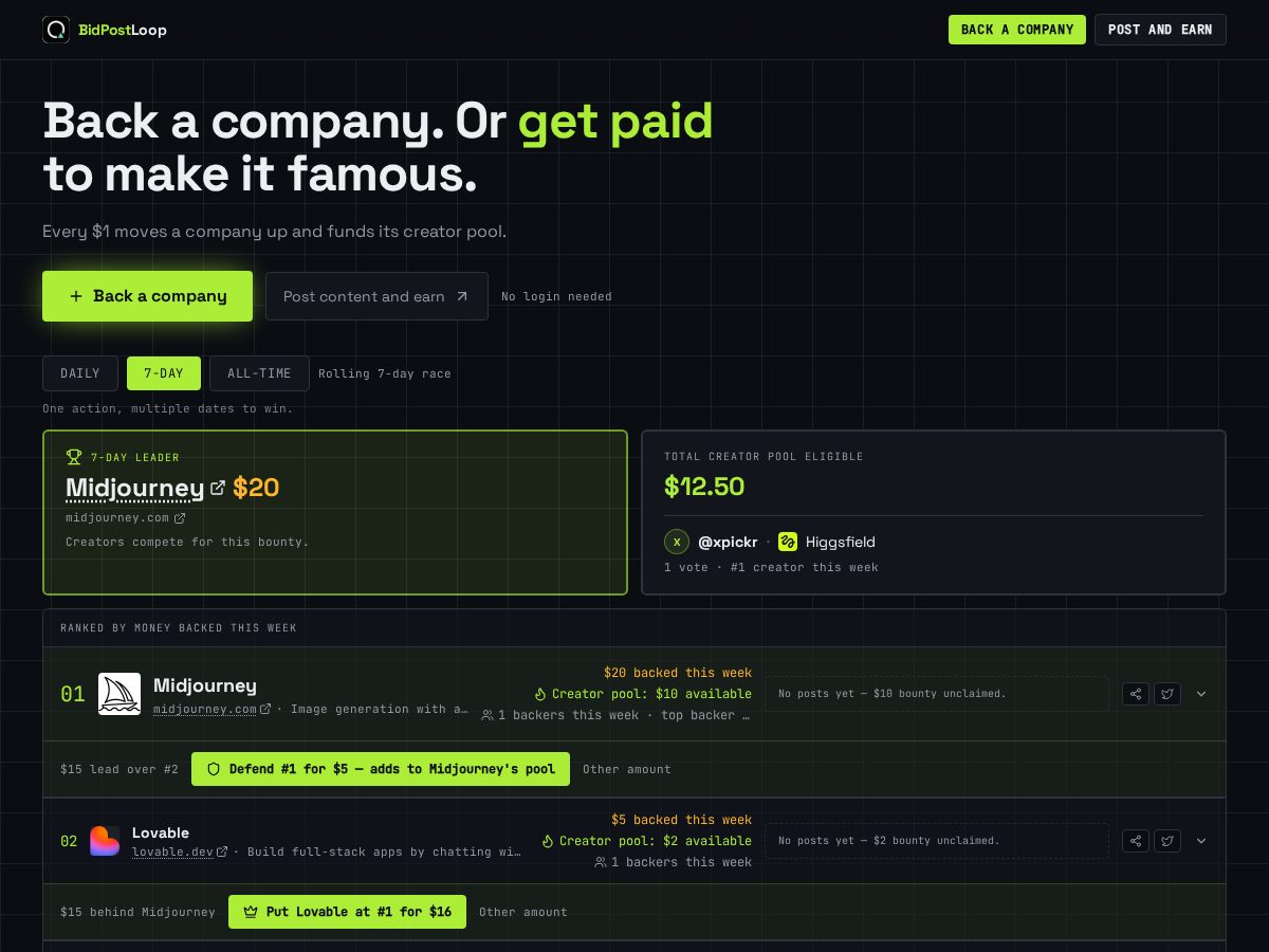 Landing-page snapshot of bidpostloop.com