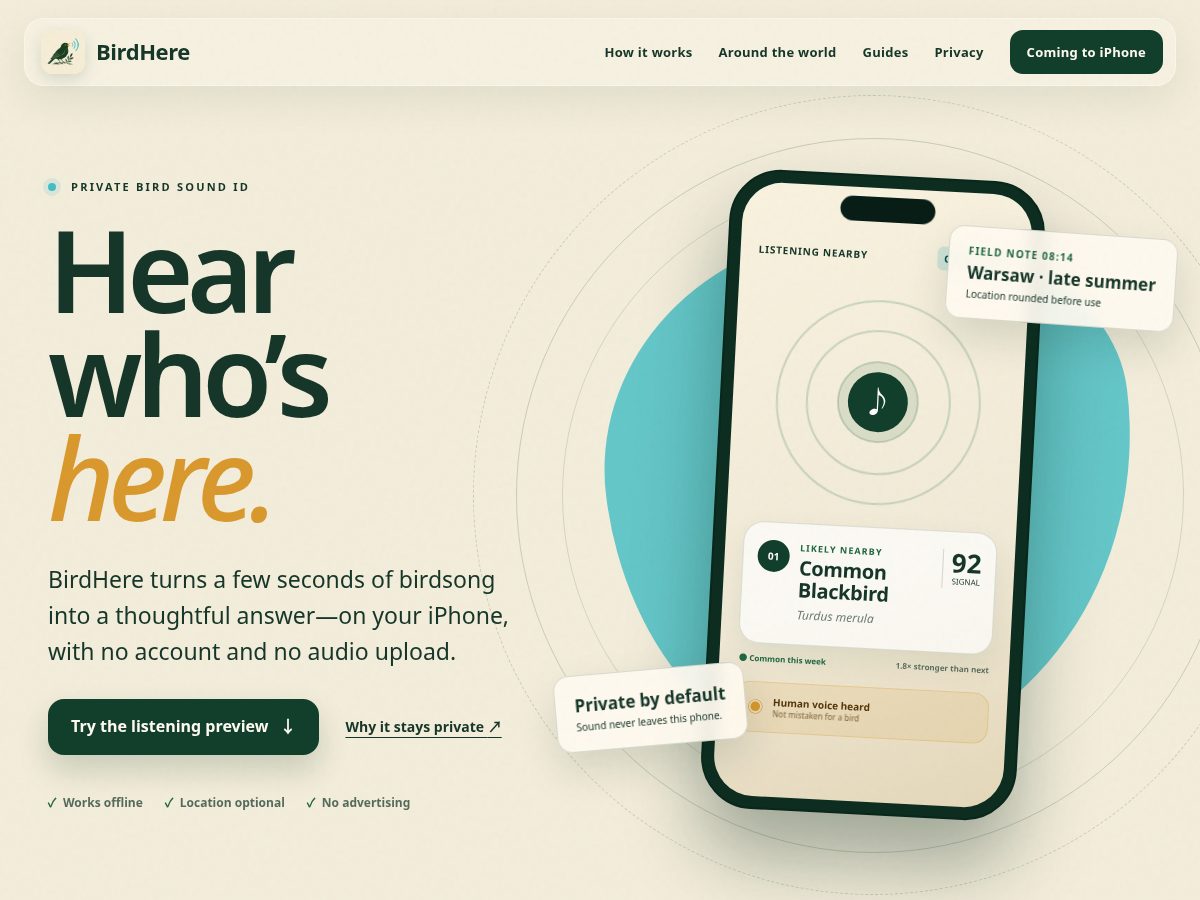 Landing-page snapshot of birdhere.com