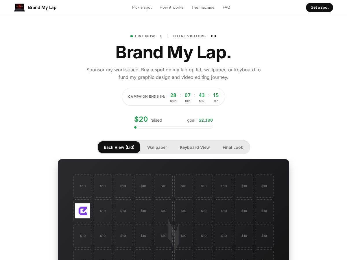 Landing-page snapshot of brandmylap.lol