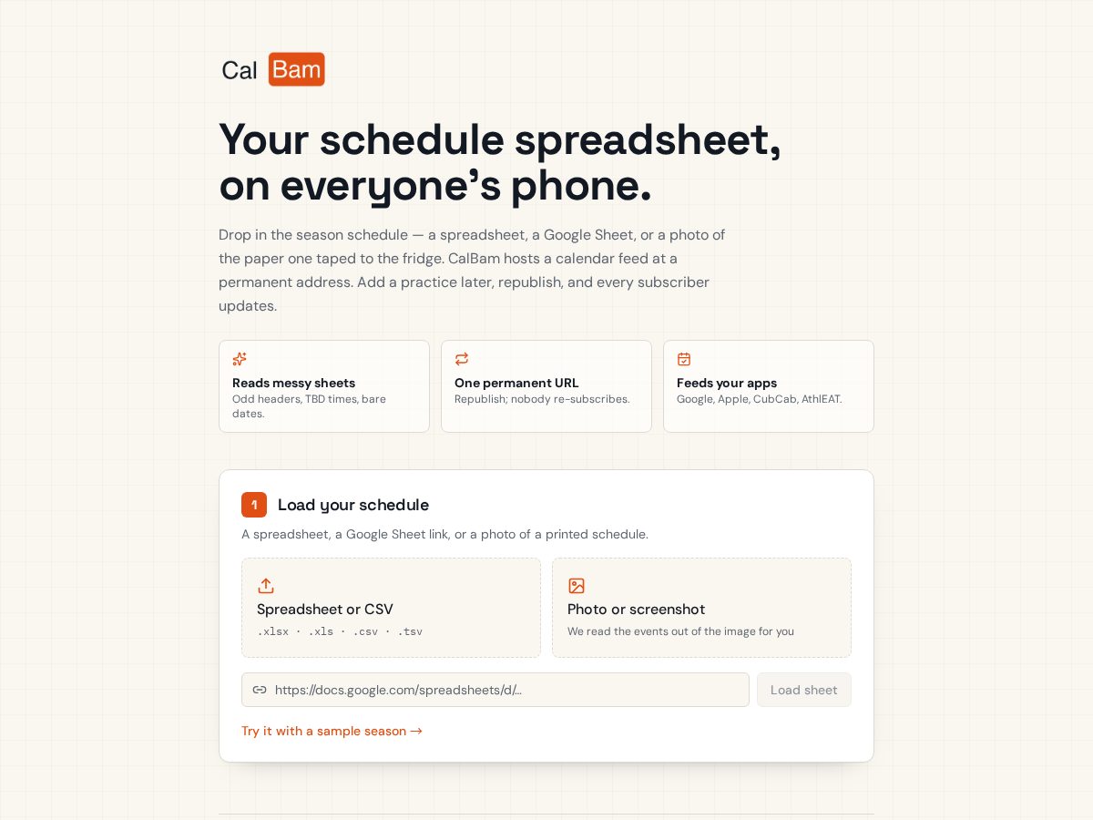 Landing-page snapshot of calbam.app