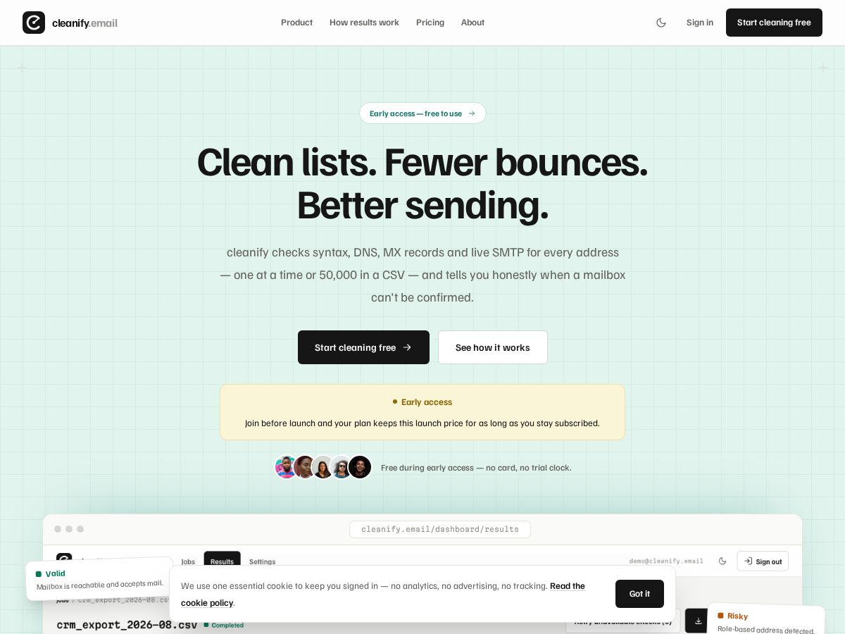 Landing-page snapshot of cleanify.email