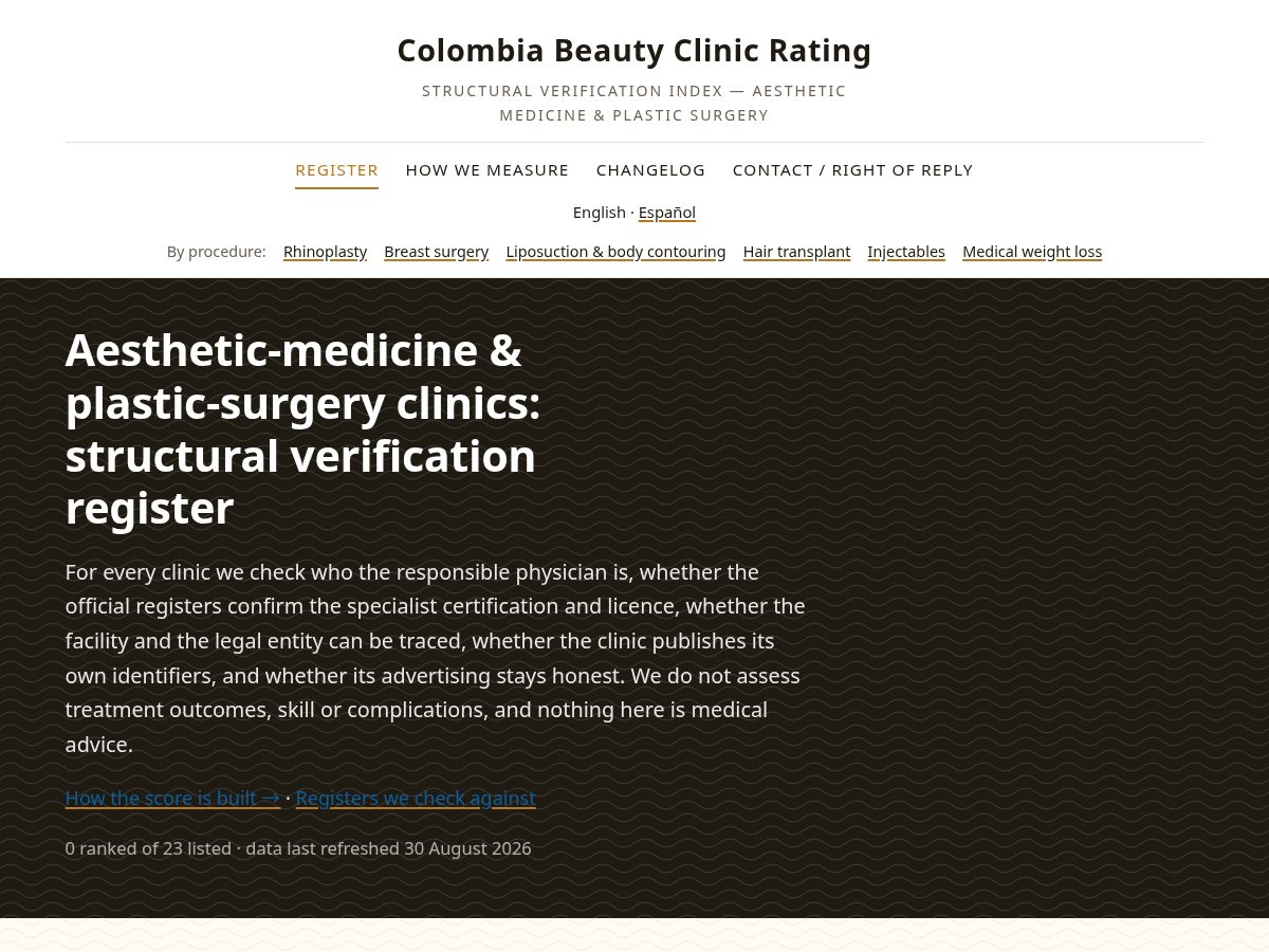 Landing-page snapshot of colombiabeautyclinicrating.com
