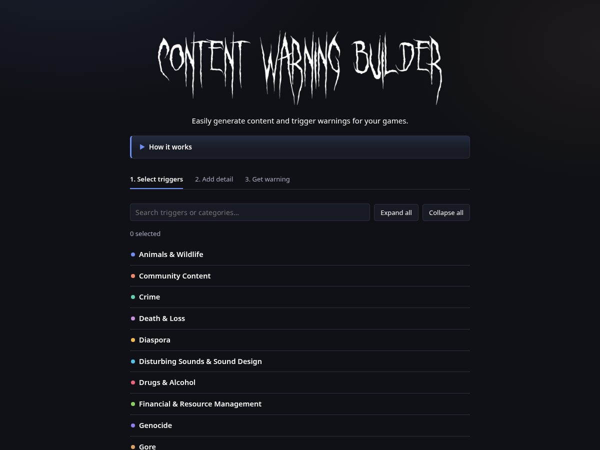 Landing-page snapshot of contentwarningbuilder.com