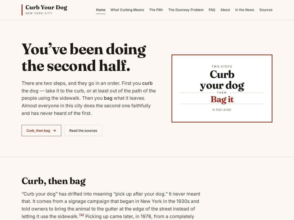 Landing-page snapshot of curbyourdog.nyc