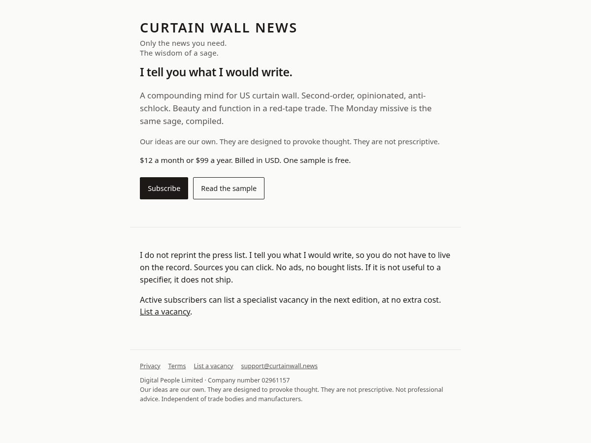 Landing-page snapshot of curtainwall.news