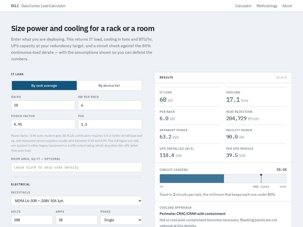 Landing-page snapshot of datacenterloadcalc.com