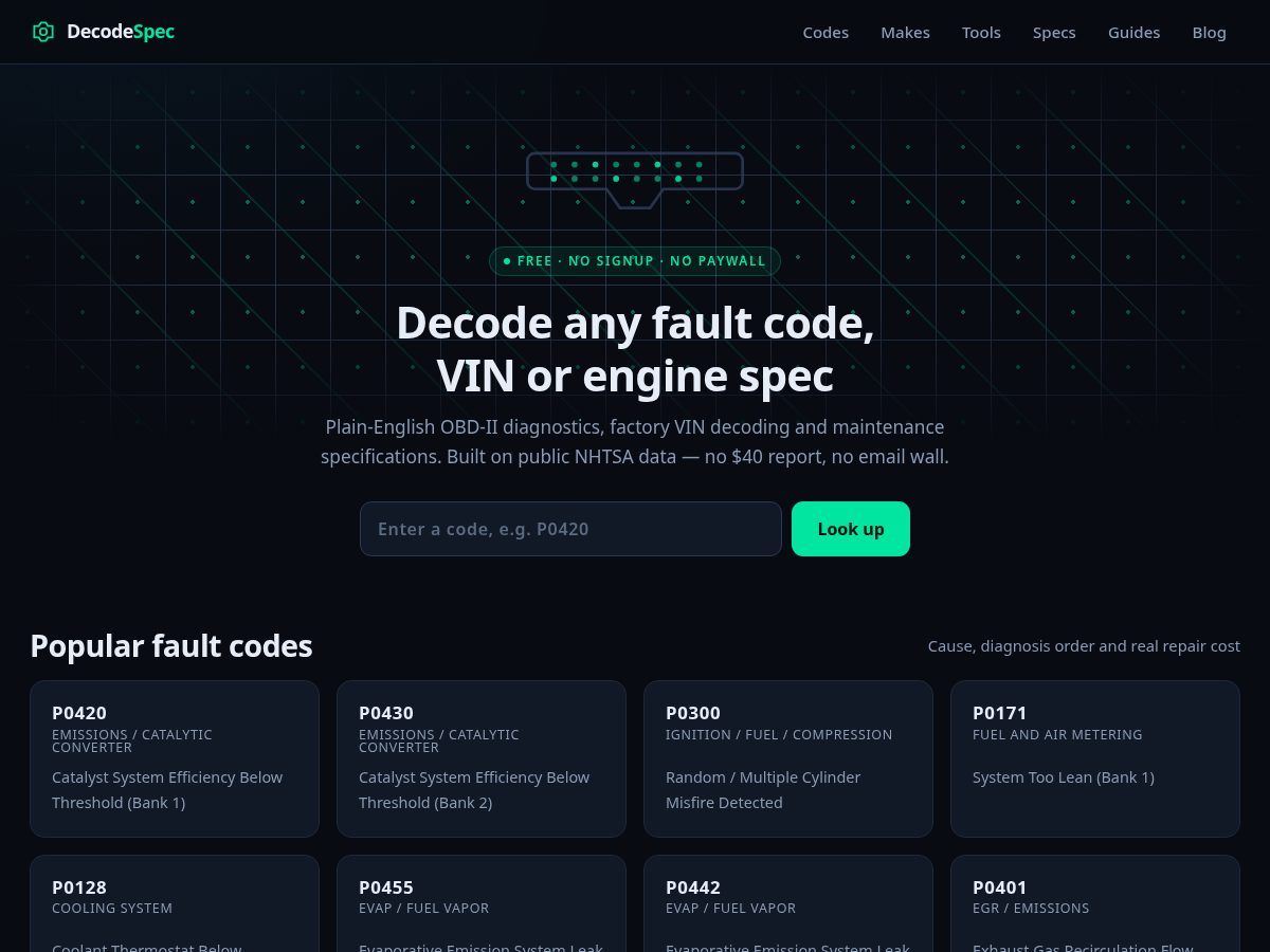 Landing-page snapshot of decodespec.com