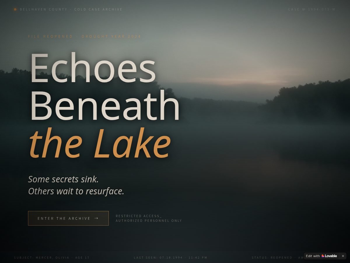 Landing-page snapshot of echoesbeneaththelake.com