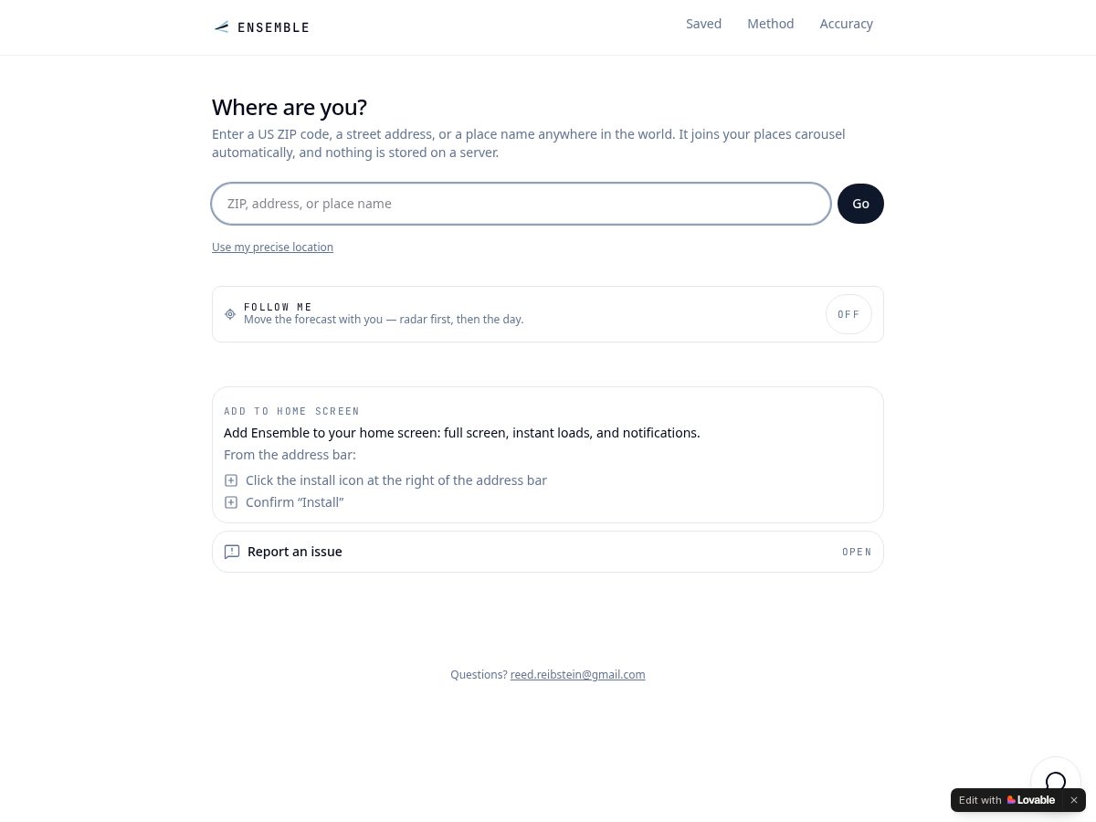 Landing-page snapshot of ensembleweather.app