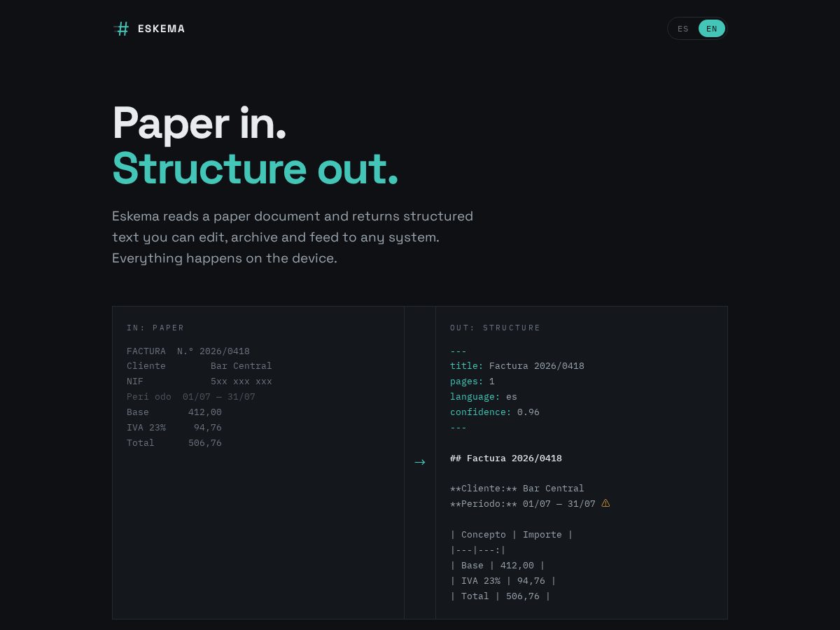 Landing-page snapshot of eskema.dev